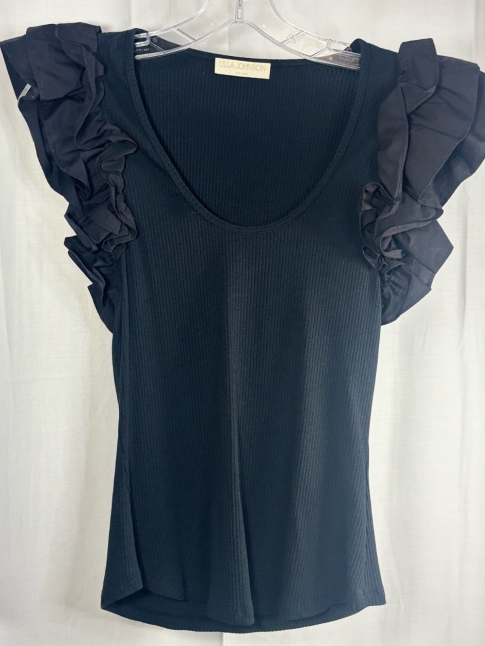 EUC Ulla Johnson Black Ruffle Sleeve Rib Knit Top Size M